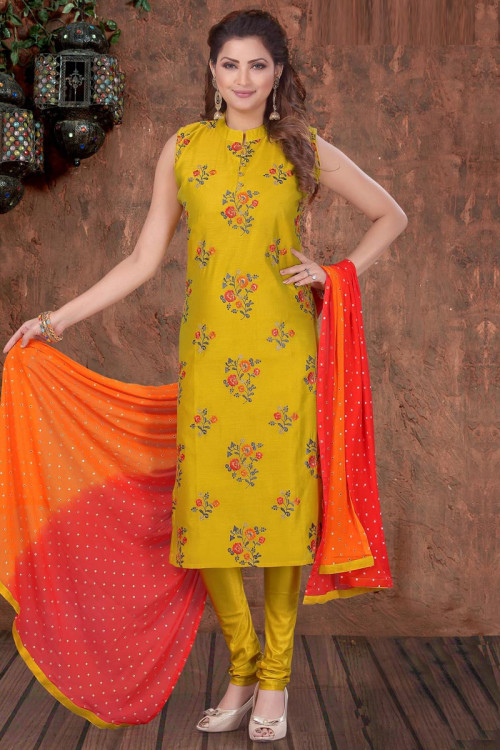 Turmeric Yellow Chanderi Embroidered Churidar Suit