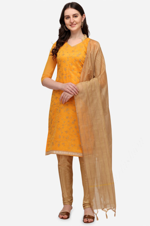Turmeric Yellow Chanderi Embroidered Churidar Suit