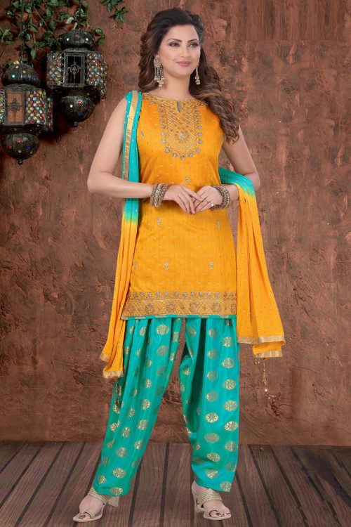Turmeric Yellow Chanderi Embroidered Patiala Suit