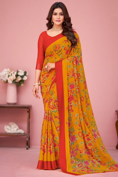 Buy Digital Print Saree, Indian Traditional Yellow Organza Saree and Blouse  Combo, Designer Saree, Party Wear Sari for Women, Sari, Floral Saree Online  in India - Etsy