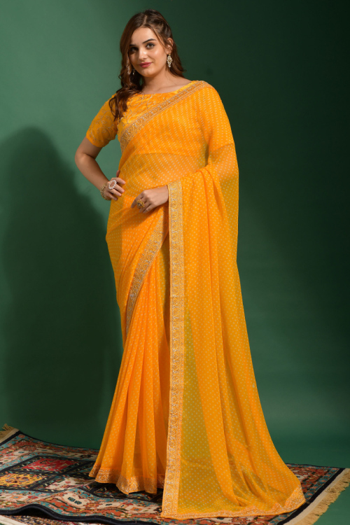 Chiffon Turmeric Yellow Lace Embroidered Casual Wear Saree