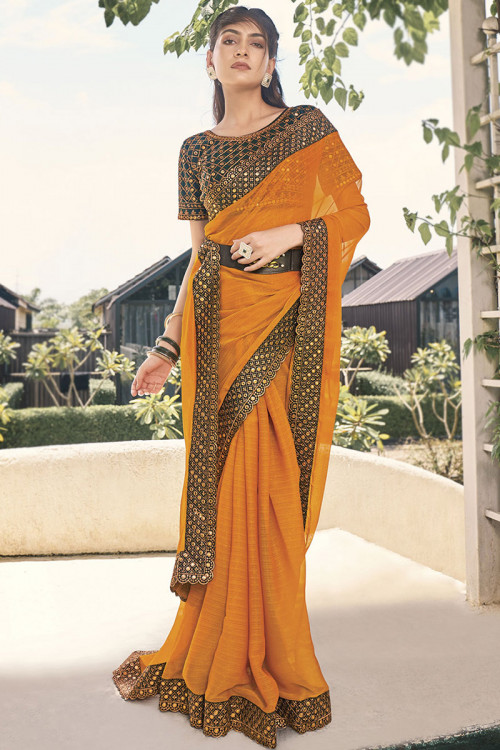 Turmeric Yellow Chiffon Saree With Embroidered Lace