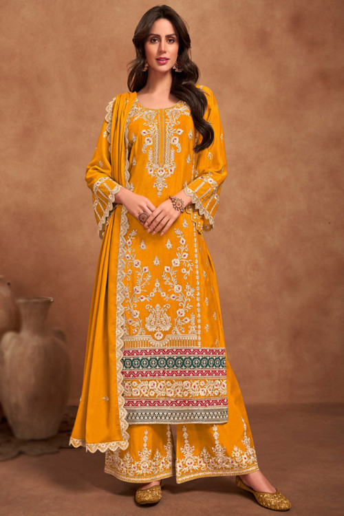 Turmeric Yellow Chinnon Embroidered Straight Cut Palazzo Suit 