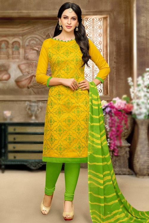 Turmeric Yellow Cotton Embroidered Straight Cut Churidar Suit