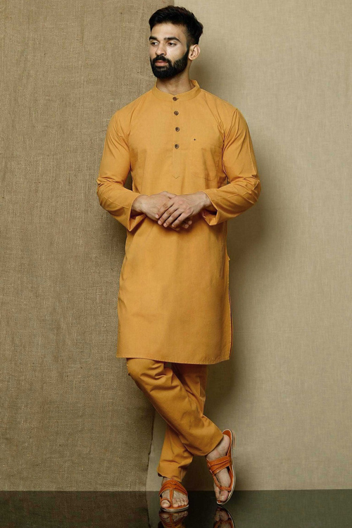 Turmeric Yellow Cotton Men Kurta With Trouser Pant