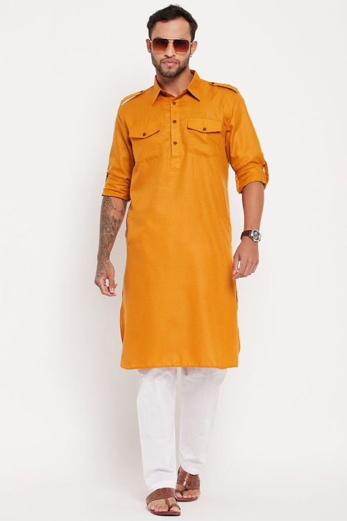 Turmeric Yellow Cotton Silk Men's Kurta Pajama For Festival