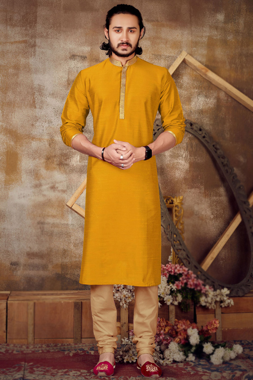 Turmeric Yellow Dupion Silk Weaved Lace Men's Kurta Churidar