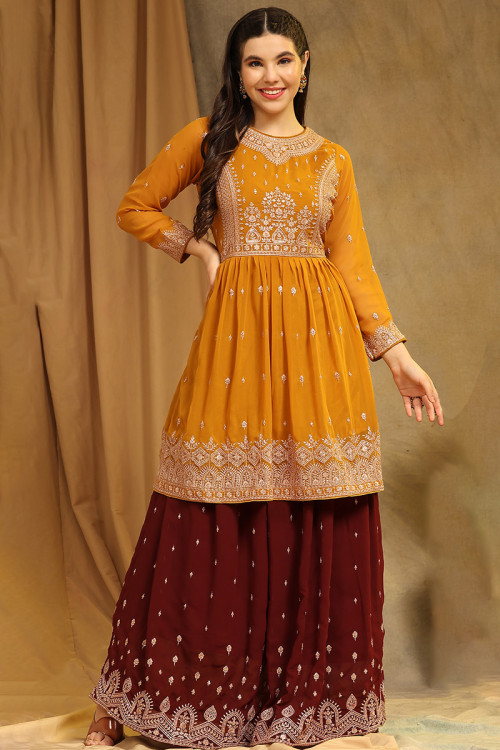 Buy Yellow Silk and Net Sharara Suit For Haldi Ceremony Online - SALA2116 |  Appelle Fashion