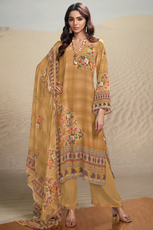 Turmeric Yellow Floral Print Casual Wear Crepe Palazzo Suit 