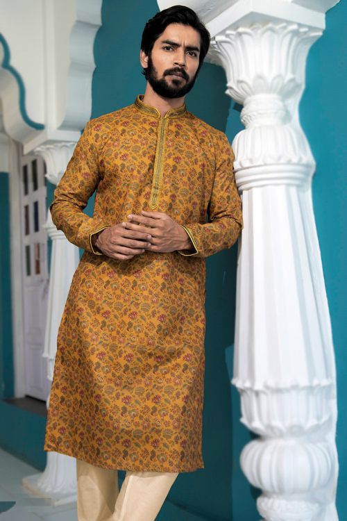 Turmeric Yellow Floral Print Cotton Silk Straight Cut Men's Kurta Pajama