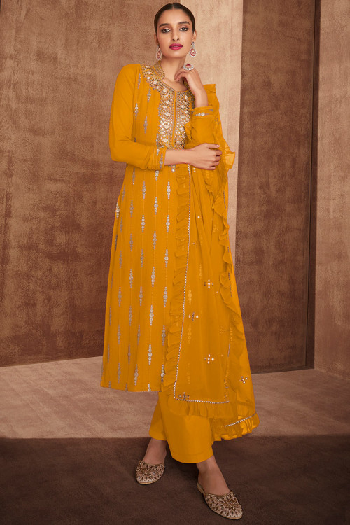 Turmeric Yellow Georgette Embroidered Wedding Trouser Suit