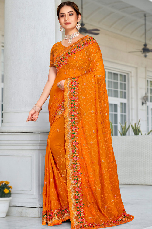 Yellow Embroidered Readymade Saree In Georgette