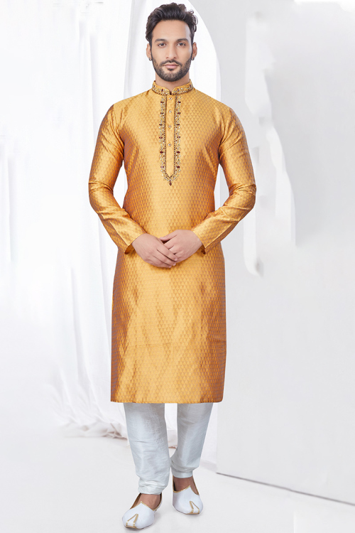 Turmeric Yellow Jacquard Embroidered Straight Cut Men's Kurta Churidar 