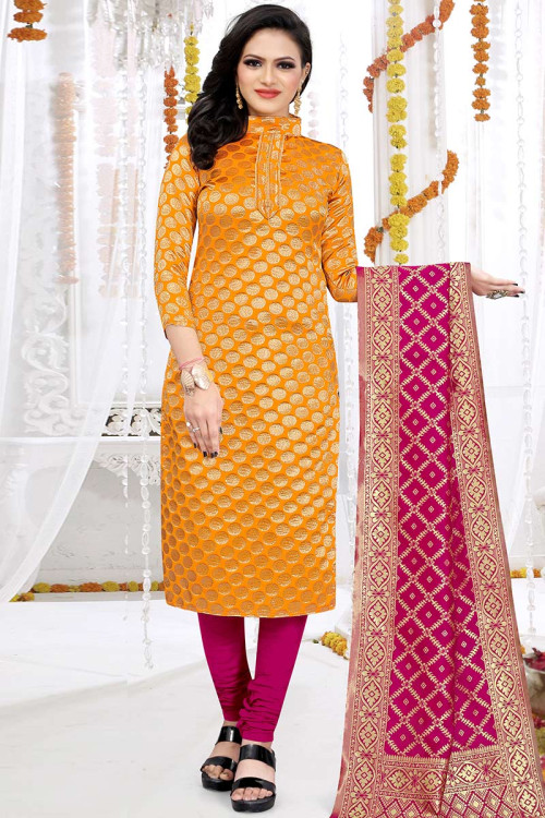 Straight Cut Traditional Suit in Jacquard Turmeric Yellow for Party 