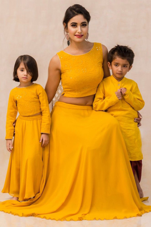 turmeric yellow mother daughter resham embroidered georgette lehenga llcv115585 1