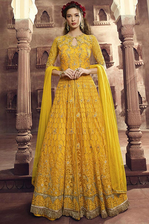 Turmeric Yellow Net Embroidered Anarkali Suit