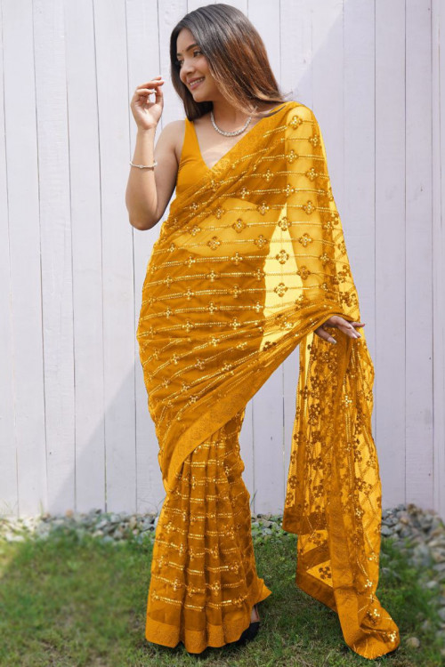 Turmeric Yellow Net Sequins Embroidered Light Weight Saree