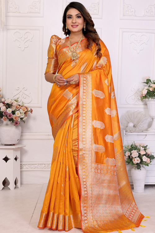 Turmeric Yellow Organza Woven Zari Broad Border Saree 