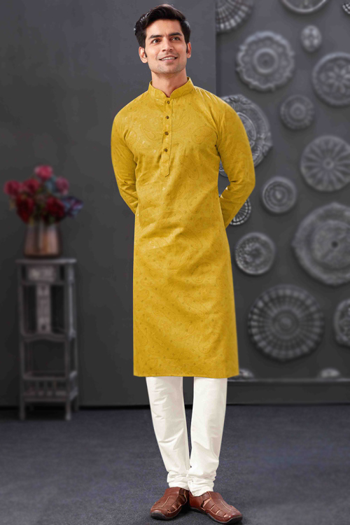 Turmeric Yellow Poly Cotton Printed Straight Cut Men's Kurta Churidar 