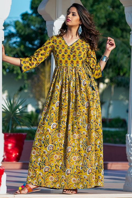 Buy Ankle Length Yellow Casual Wear Indian Gowns Online for Women in UK
