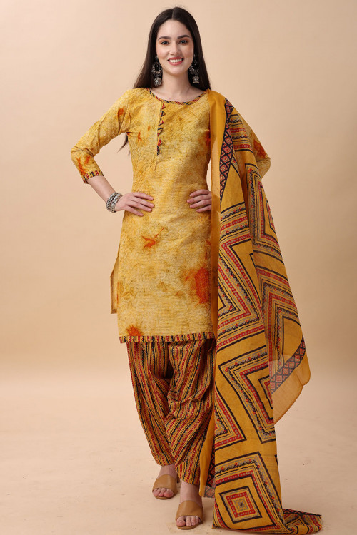 Turmeric Yellow Printed Cotton Casual Wear Patiala Suit