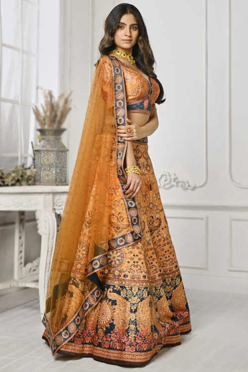 Turmeric Yellow Printed Panelled Style Satin Silk Lehenga