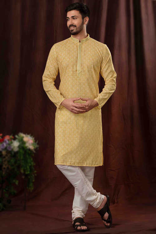 Turmeric Yellow Printed Silk Men's Kurta With Churidar For Haldi 