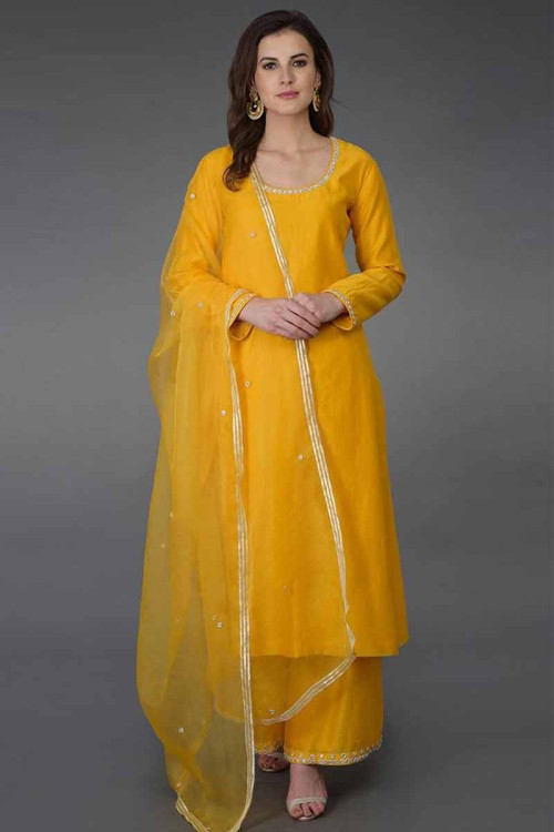Turmeric Yellow Raw Silk Embroidered Trouser Suit