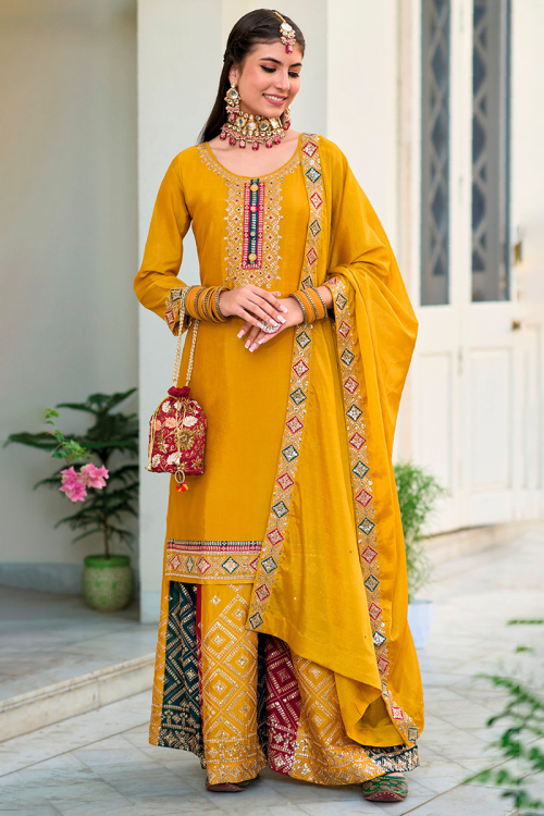 Turmeric Yellow Resham Embroidered Straight Cut Georgette Palazzo Suit 