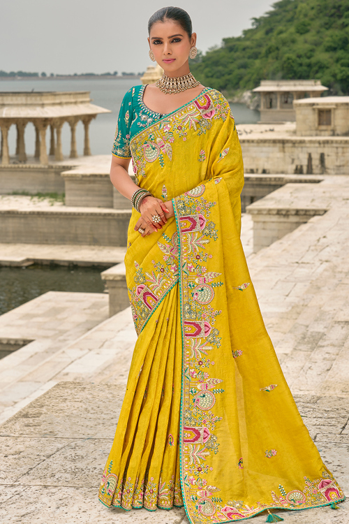 Turmeric Yellow Silk Blend Embroidered Heavy Saree