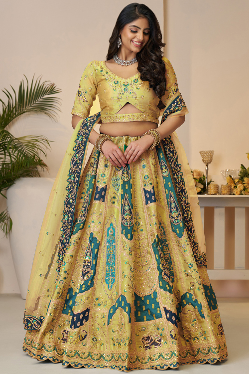 Turmeric Yellow Silk Blend Embroidered Panelled Lehenga 