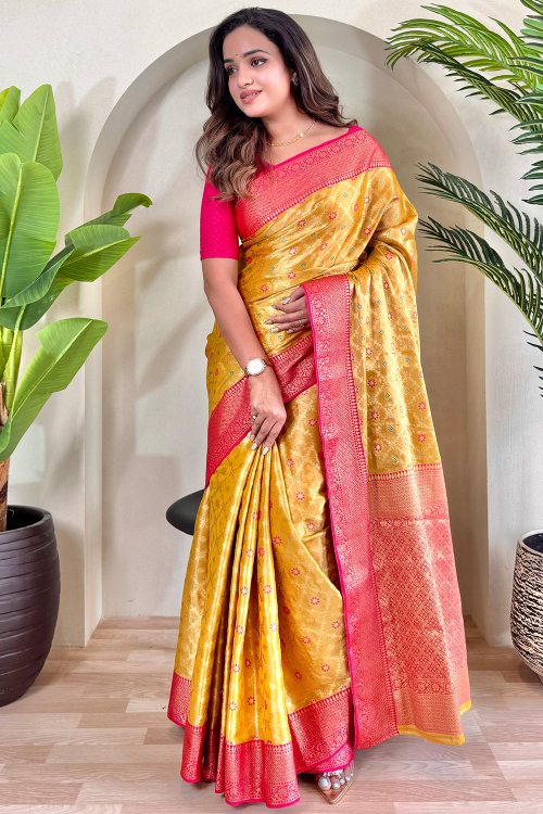 Turmeric Yellow Silk Blend Saree With Zari Work For Haldi