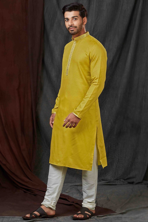 Turmeric Yellow Silk Embroidered straight Cut Men's Kurta Churidar