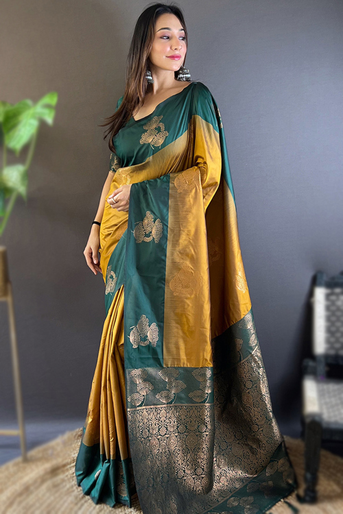 Turmeric Yellow Silk Woven Zari Saree With Teal Green Blouse
