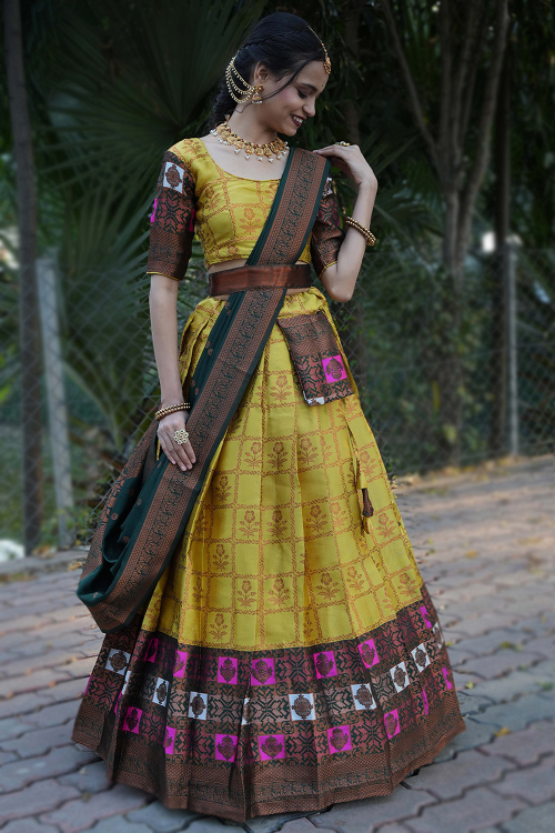 Turmeric Yellow Silk Woven Zari Flared Style Lehenga