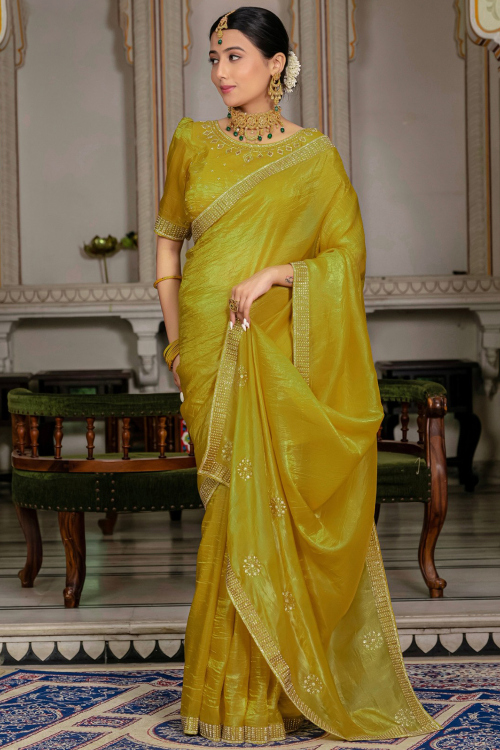 Turmeric Yellow Tissue Embroidered Saree With Cutdana &amp; Stone WorK