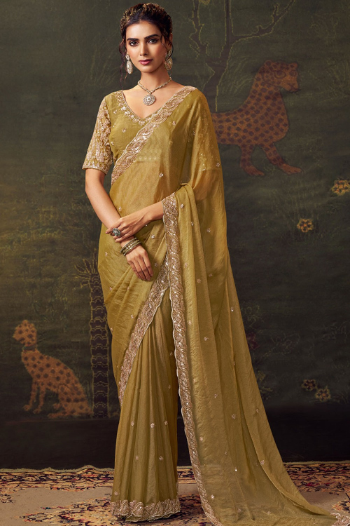 Turmeric Yellow Tissue Shimmer Saree With Beads Work For Festival