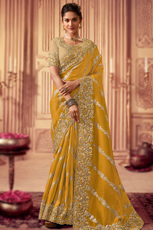 Turmeric Yellow Viscose Thread Embroidered Saree 