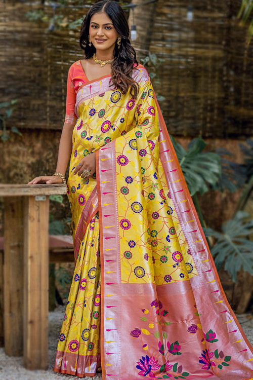 Turmeric Yellow Weaved Paithani Silk Saree 