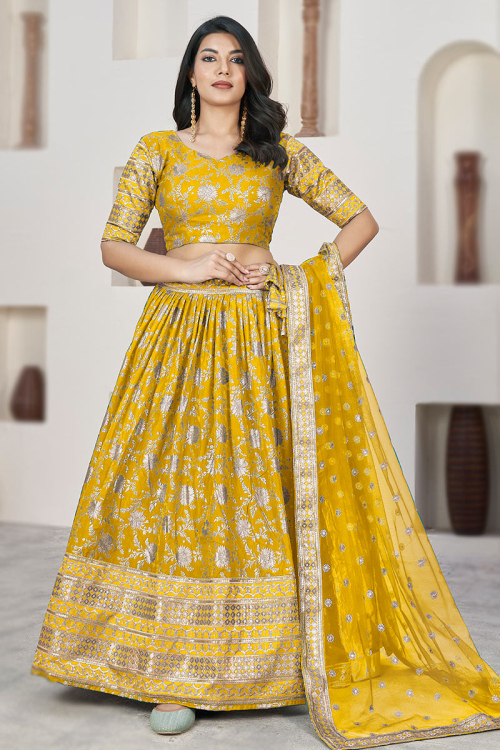 Turmeric Yellow Woven Zari Silk Flared Style Lehenga 