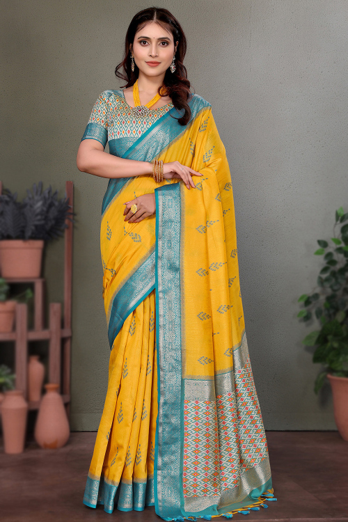 Turmeric YellowSoft Silk Saree With Weaved Work For Haldi