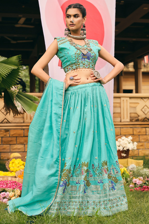Turquoise Blue Art Silk Lehenga With Zari Work For Diwali