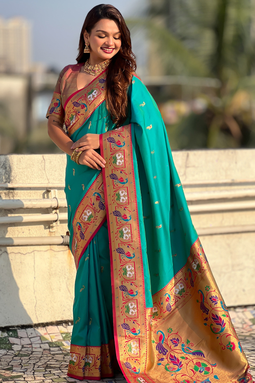 Turquoise Blue Art Silk Paithani Saree with Weaved Work For Wedding