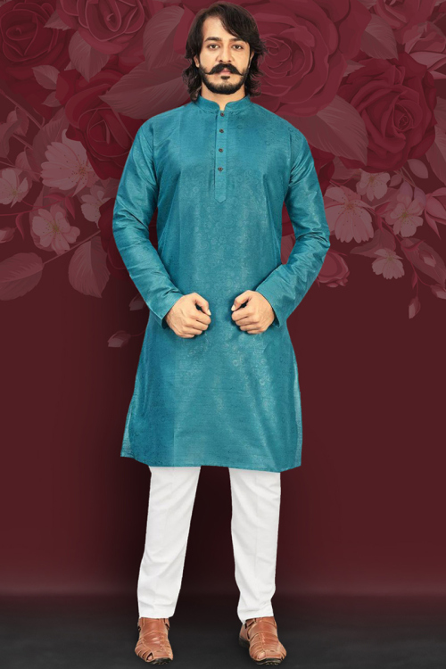 Turquoise Blue Art Silk Readymade Kurta Pajama for Wedding & Party