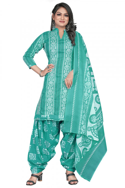 Turquoise Blue Cotton Printed Casual Wear Patiala Suit Salwar