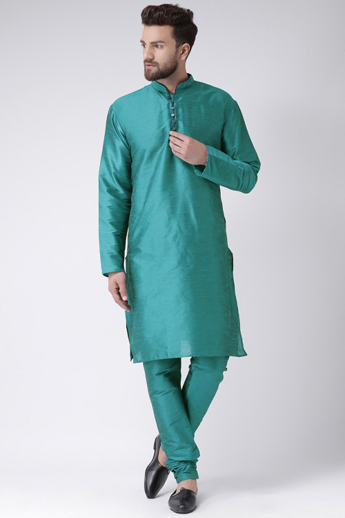 Turquoise Blue Dupion Silk Plain Men's Kurta Pajama