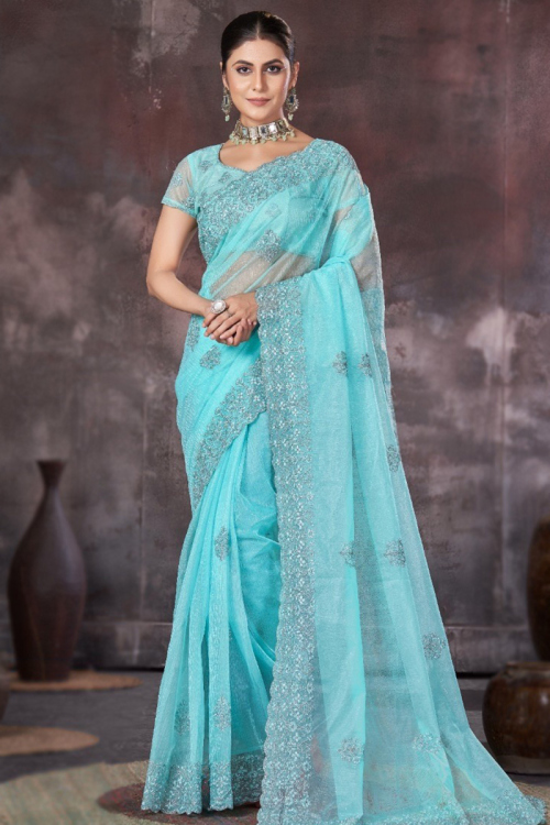 Turquoise Blue Embroidered Organza Shimmer Saree 