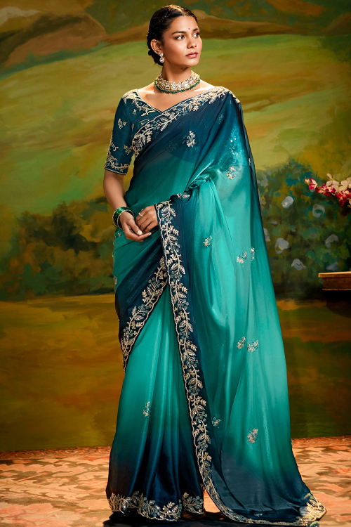 Turquoise Blue Embroidered Satin Silk Shimmer Saree 