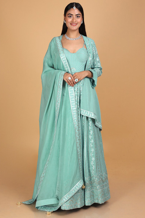 Turquoise Blue Georgette Anarkali with Churidar Anarkali Suit for Eid