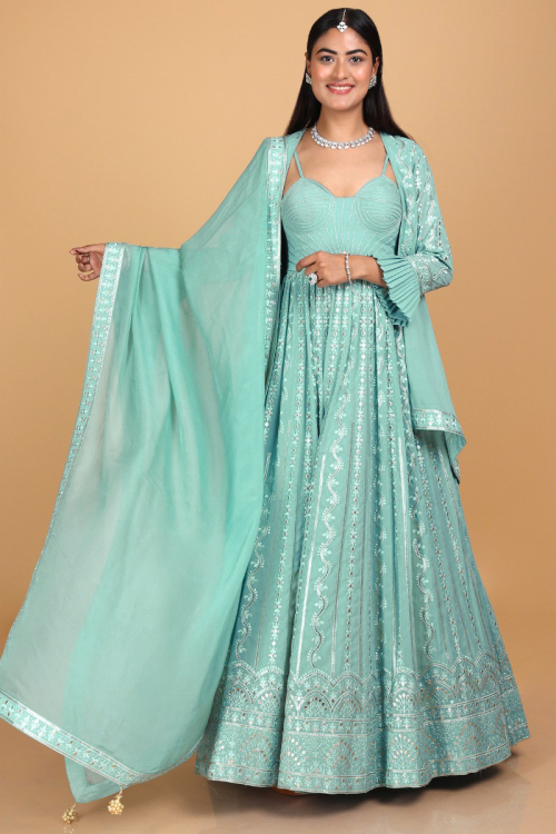 Turquoise Blue Georgette Anarkali with Churidar Anarkali Suit for Wedding & Party